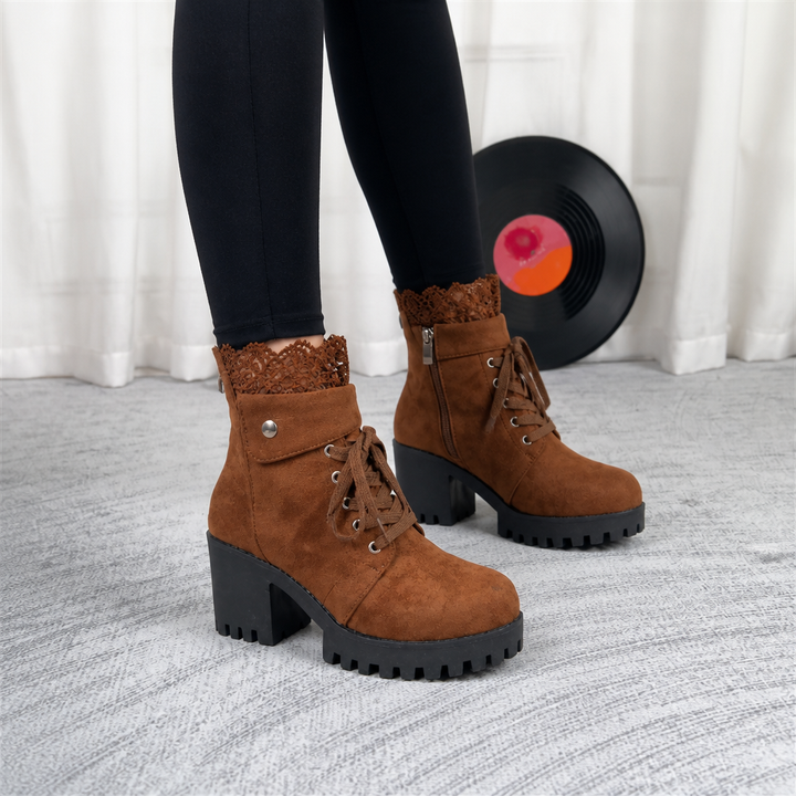 Women’s Brown Boots with Lace Up Front | Block Heel