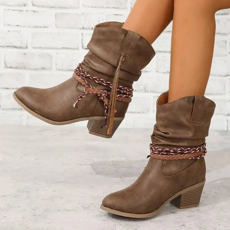Women’s Brown Boots with Slouch Shaft & Tassel Braid Trim | Boho