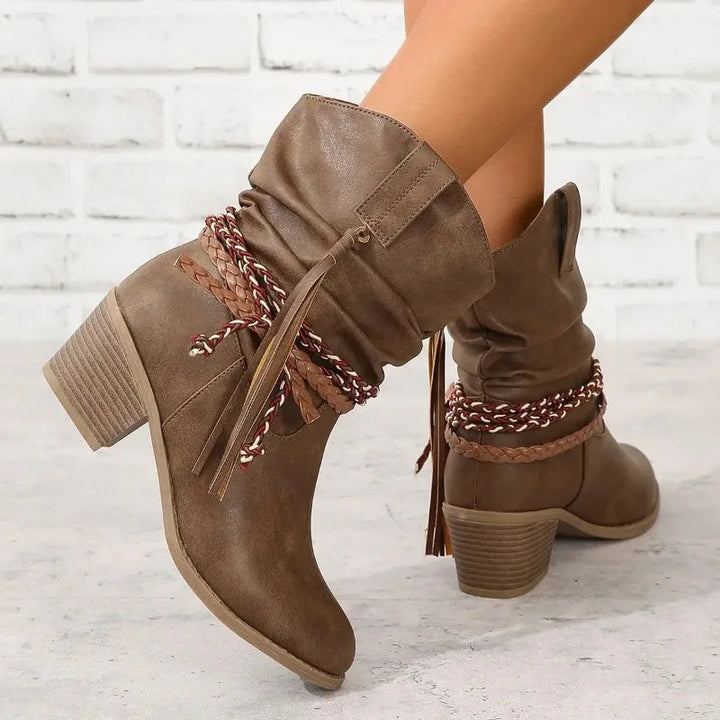Women’s Brown Boots with Slouch Shaft & Tassel Braid Trim | Boho