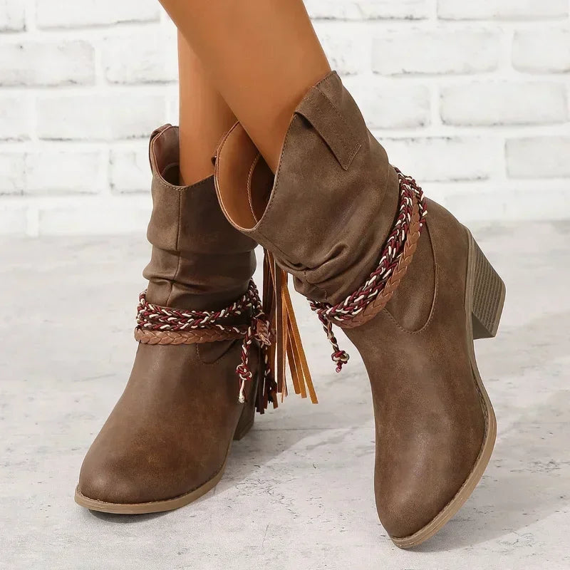 Women’s Brown Boots with Slouch Shaft & Tassel Braid Trim | Boho