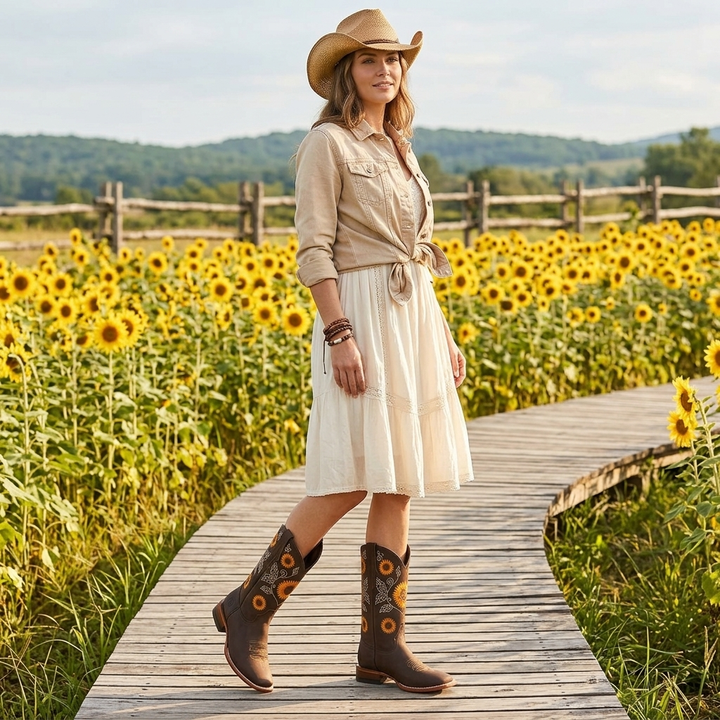 Women's Brown Boots with Sunflower Embroidery | Western