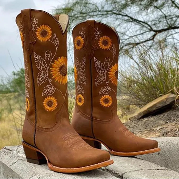 Women's Brown Boots with Sunflower Embroidery | Western