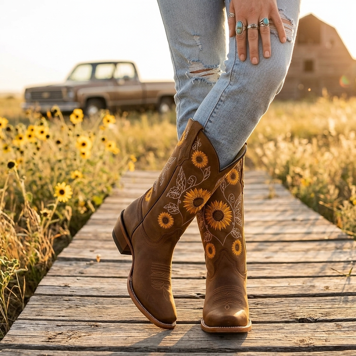 Women's Brown Boots with Sunflower Embroidery | Western