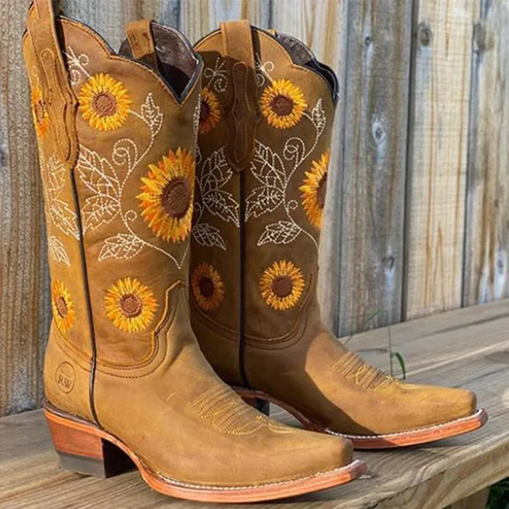 Women's Brown Boots with Sunflower Embroidery | Western