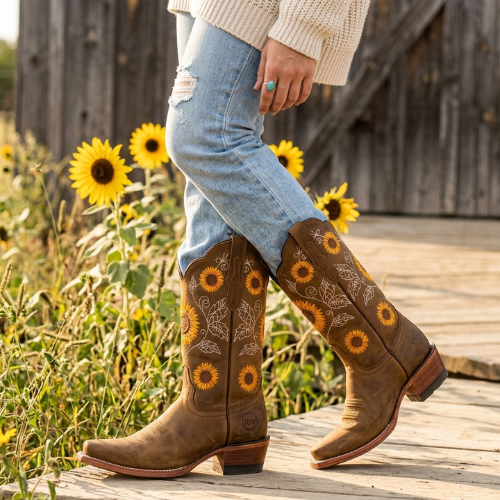 Women's Brown Boots with Sunflower Embroidery | Western