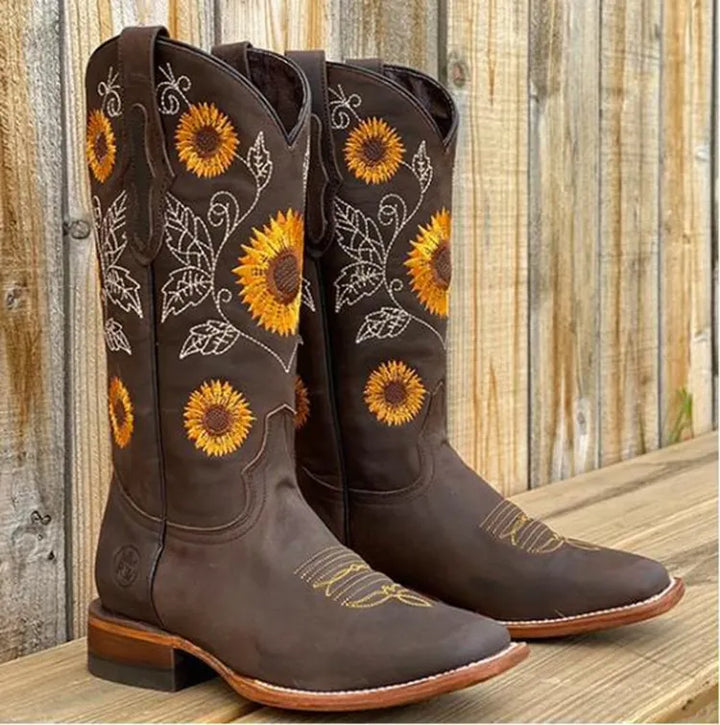 Women's Brown Boots with Sunflower Embroidery | Western