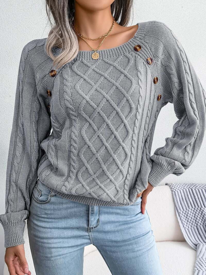 Women's Cable Knit Sweater with Button Detail | Square Neck