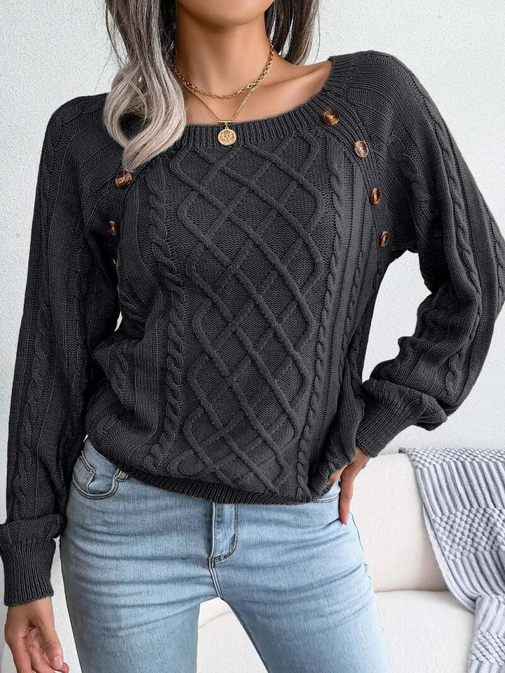 Women's Cable Knit Sweater with Button Detail | Square Neck