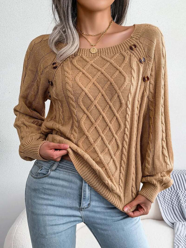 Women's Cable Knit Sweater with Button Detail | Square Neck