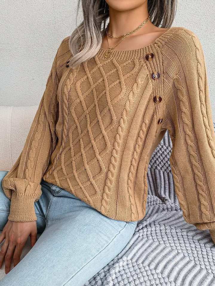 Women's Cable Knit Sweater with Button Detail | Square Neck