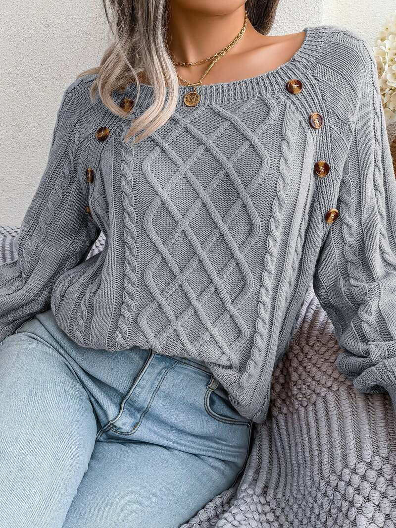 Women's Cable Knit Sweater with Button Detail | Square Neck