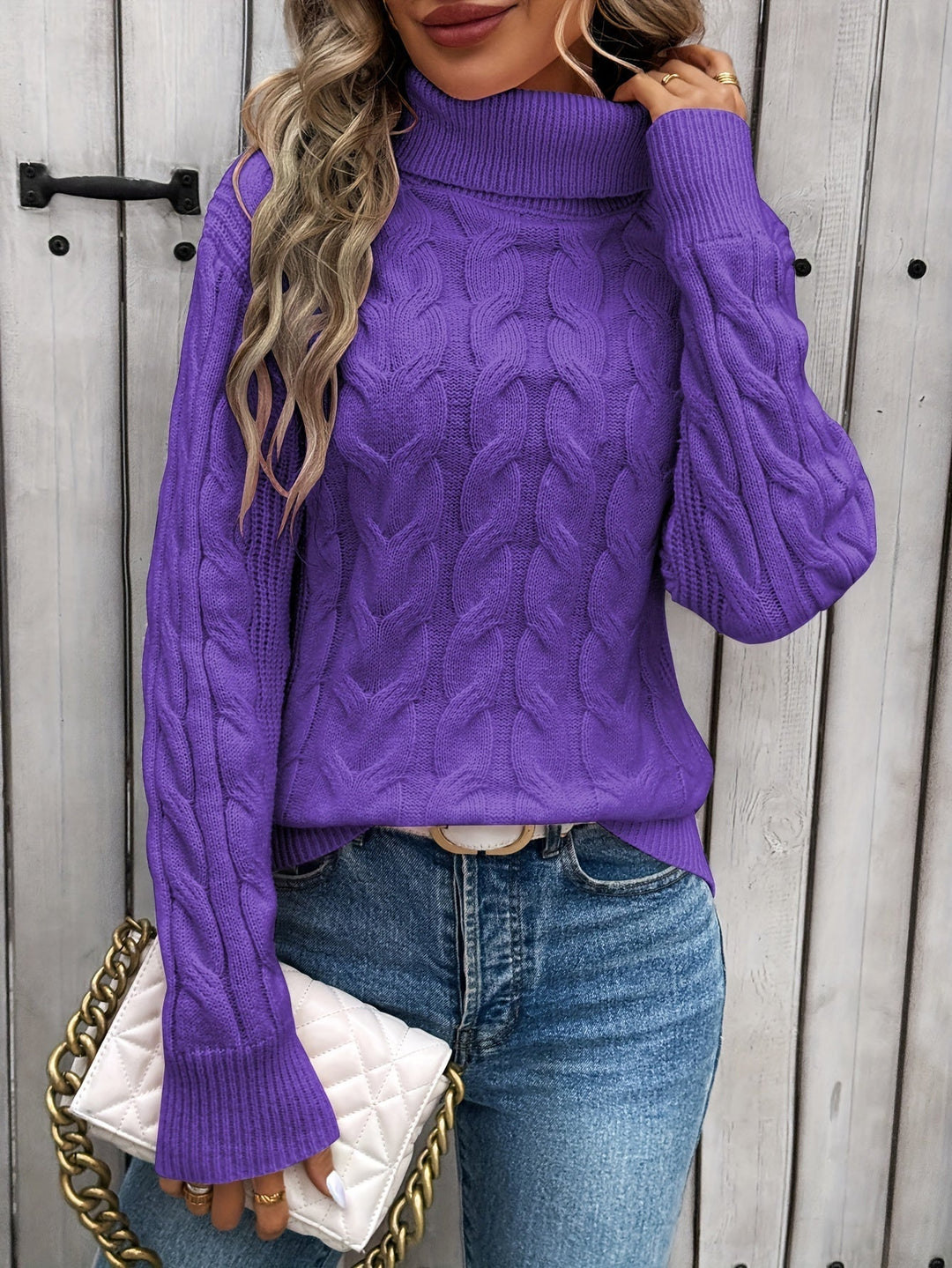 Women's Cable Knit Sweater with Turtleneck | Long Sleeve
