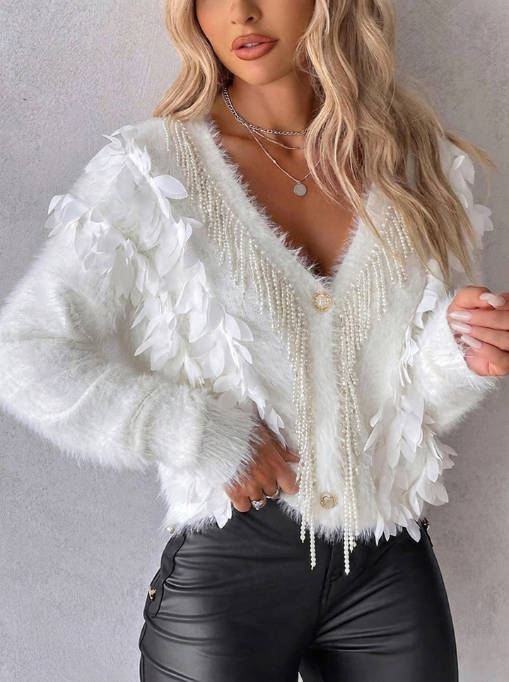 Women's Cardigan Fluffy with Floral Petal Sleeve & V-Neck | Oversized