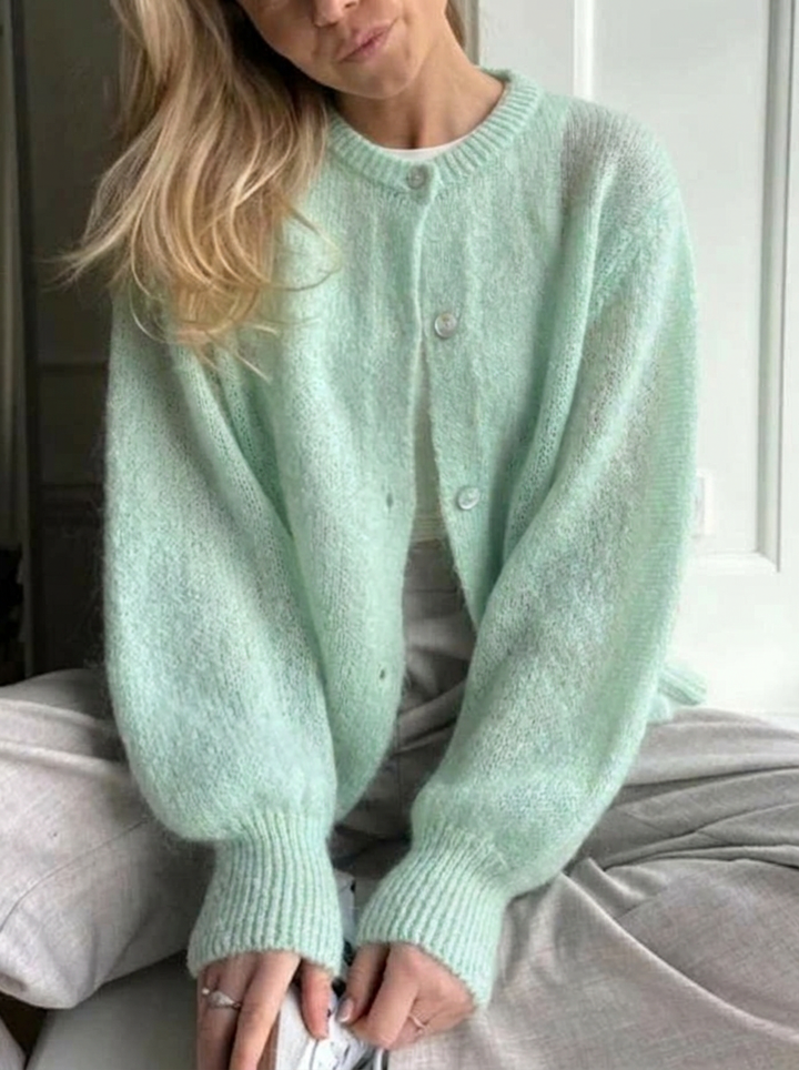 Women's Cardigan Oversized Button Front with Round Neck | Fluffy