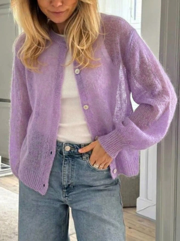 Women's Cardigan Oversized Button Front with Round Neck | Fluffy