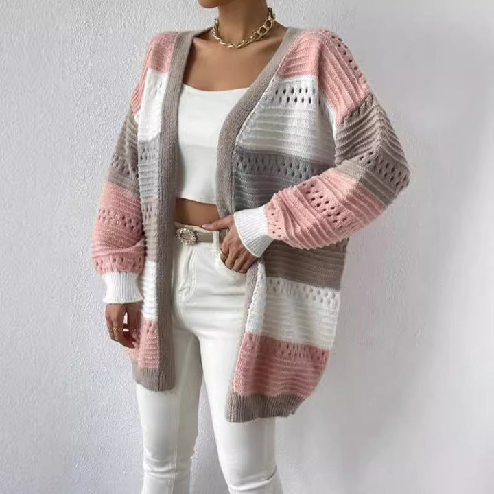 Women's Cardigan with Color Block Knit & Open Front | Long