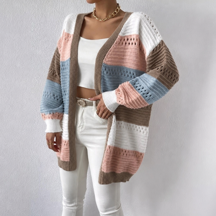 Women's Cardigan with Color Block Knit & Open Front | Long