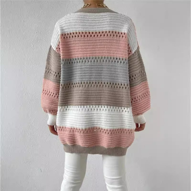 Women's Cardigan with Color Block Knit & Open Front | Long