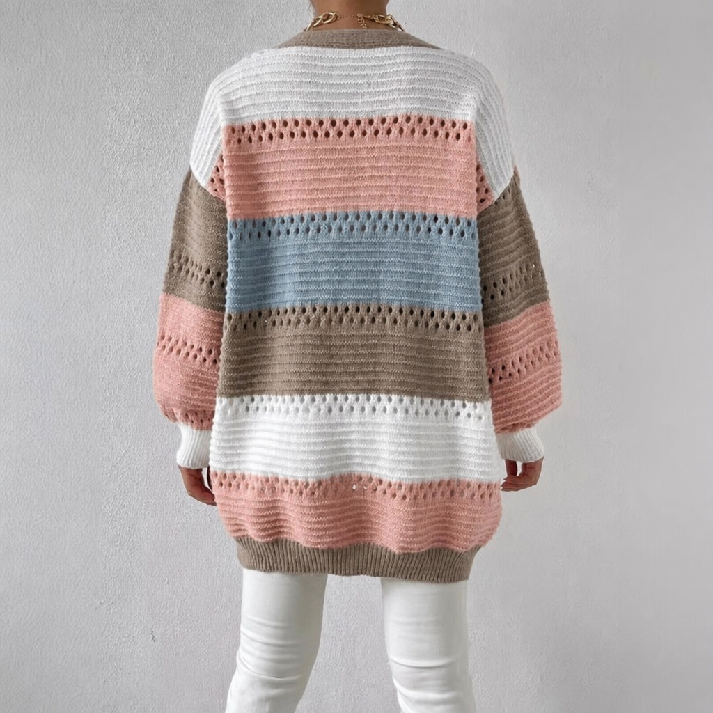 Women's Cardigan with Color Block Knit & Open Front | Long
