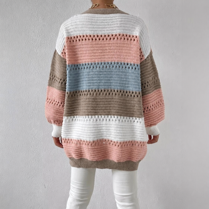 Women's Cardigan with Color Block Knit & Open Front | Long