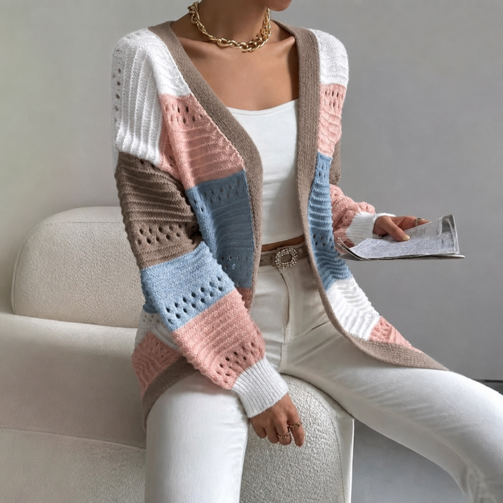 Women's Cardigan with Color Block Knit & Open Front | Long