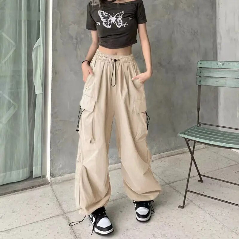 Women's Cargo Pants with Drawstring Cuffs | Baggy Parachute Style