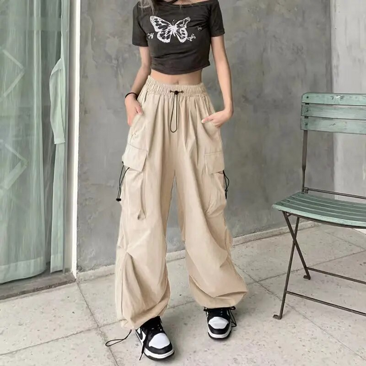 Women's Cargo Pants with Drawstring Cuffs | Baggy Parachute Style