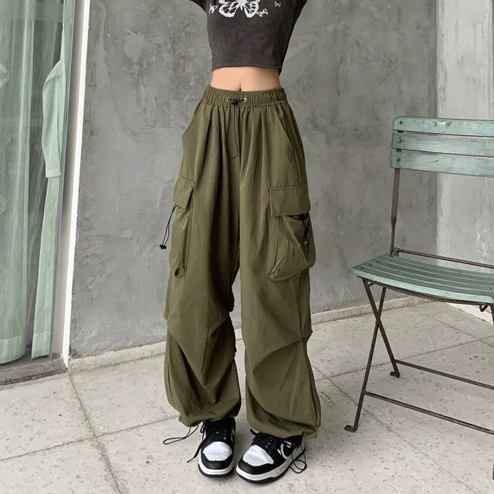 Women's Cargo Pants with Drawstring Cuffs | Baggy Parachute Style