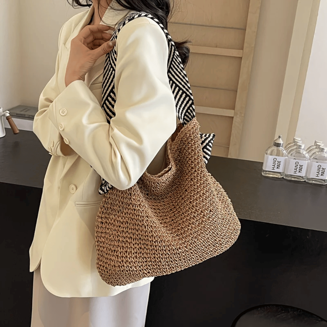Women's Casual Straw Tote Bag Striped Strap | Beach
