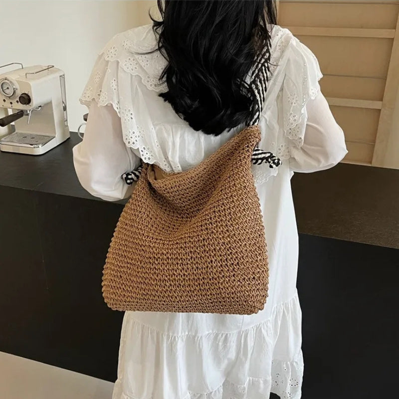 Women's Casual Straw Tote Bag Striped Strap | Beach