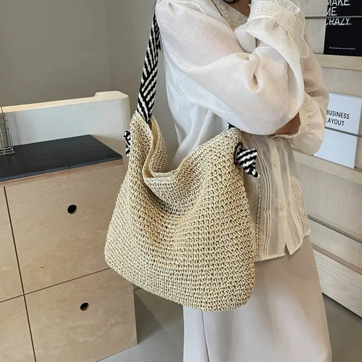 Women's Casual Straw Tote Bag Striped Strap | Beach
