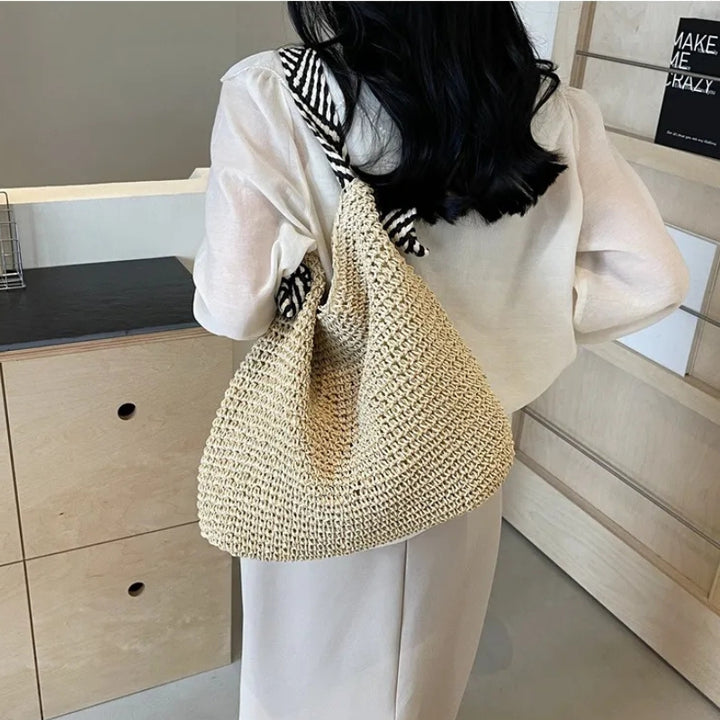 Women's Casual Straw Tote Bag Striped Strap | Beach