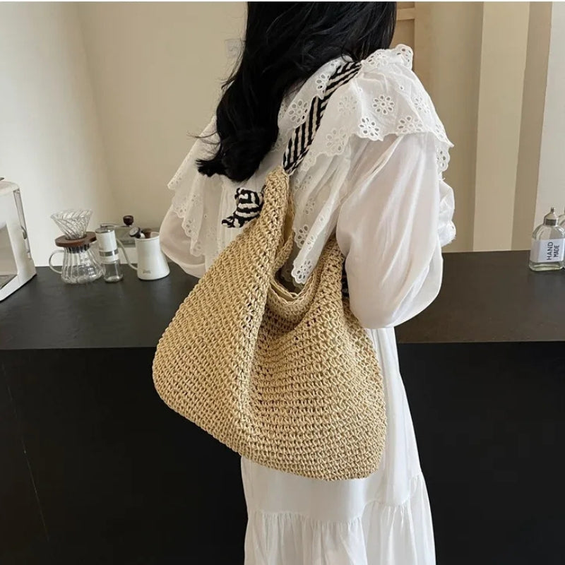 Women's Casual Straw Tote Bag Striped Strap | Beach