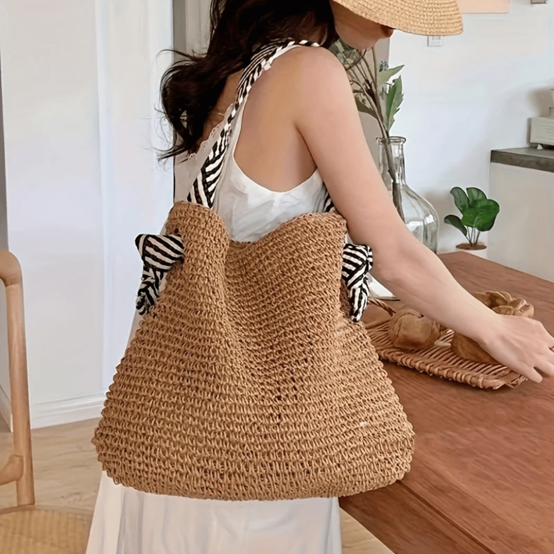 Women's Casual Straw Tote Bag Striped Strap | Beach
