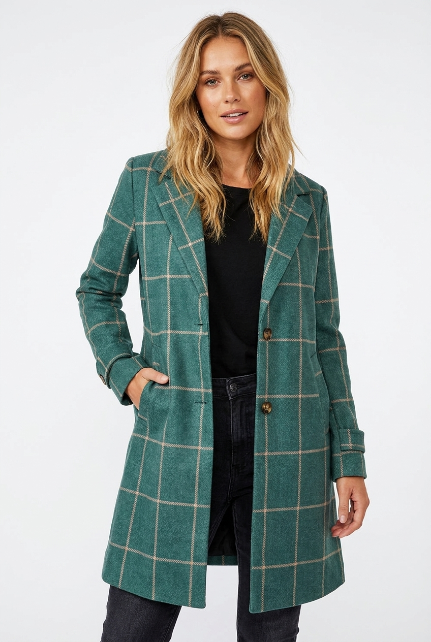 Women's Checkered Trench Coat with Lapel | Long