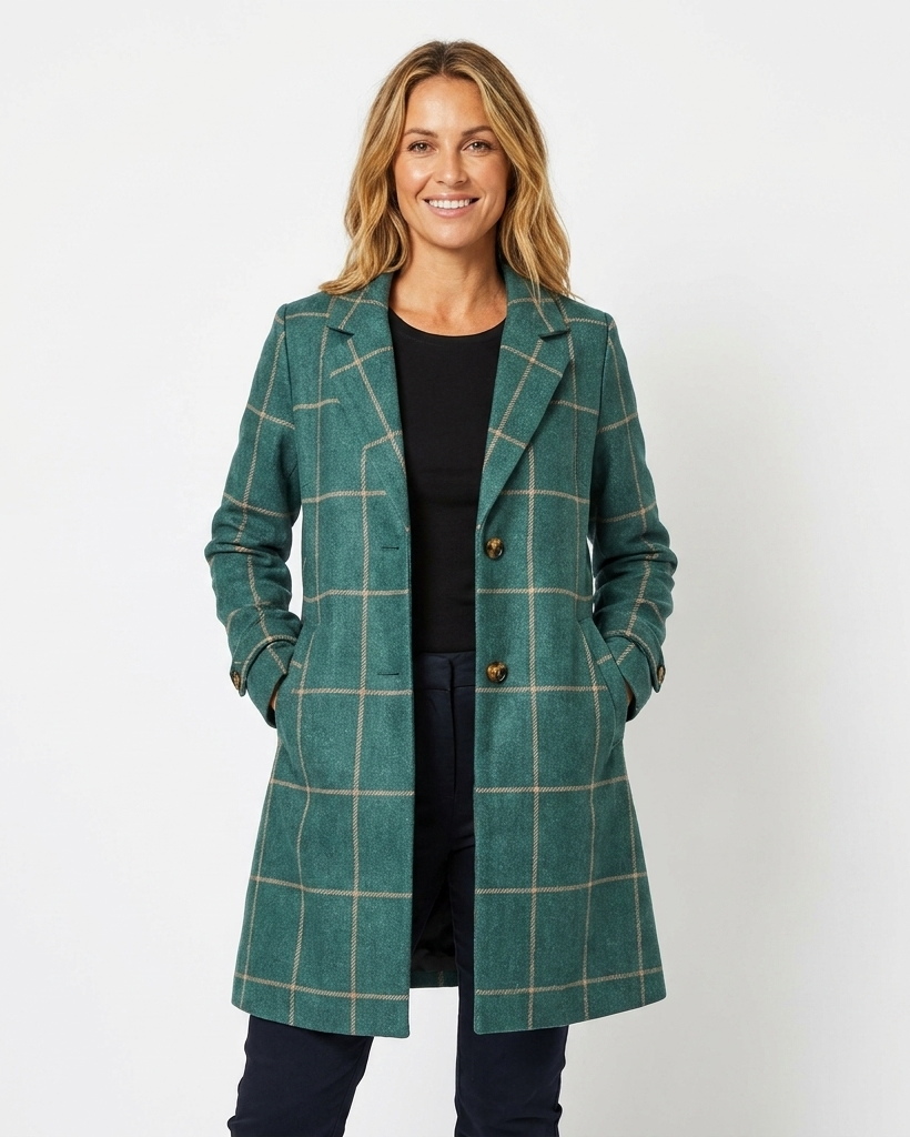 Women's Checkered Trench Coat with Lapel | Long