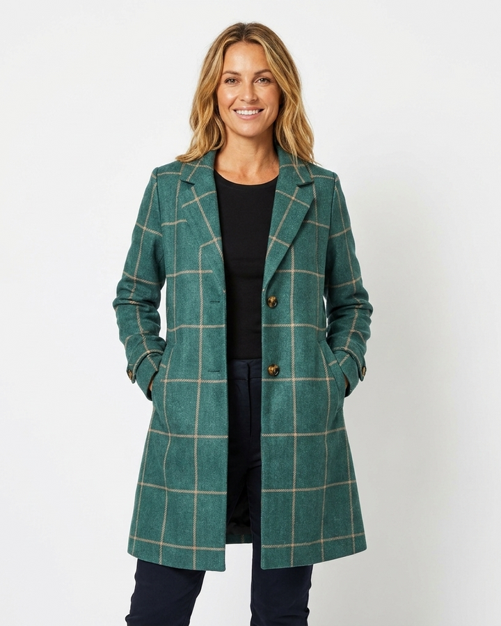 Women's Checkered Trench Coat with Lapel | Long