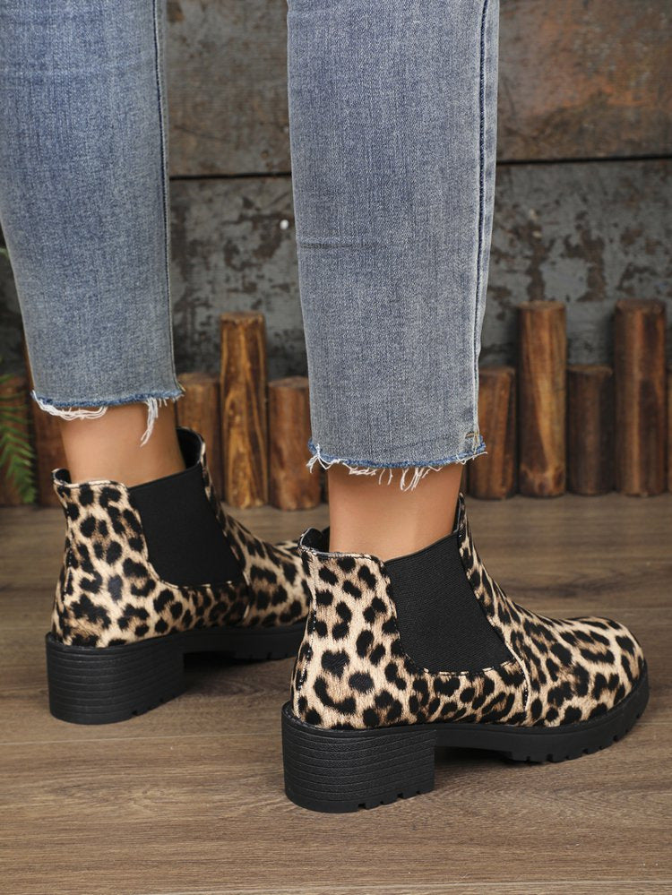 Women's Chelsea Boots with Leopard Print & Block Heel | Elastic Gusset
