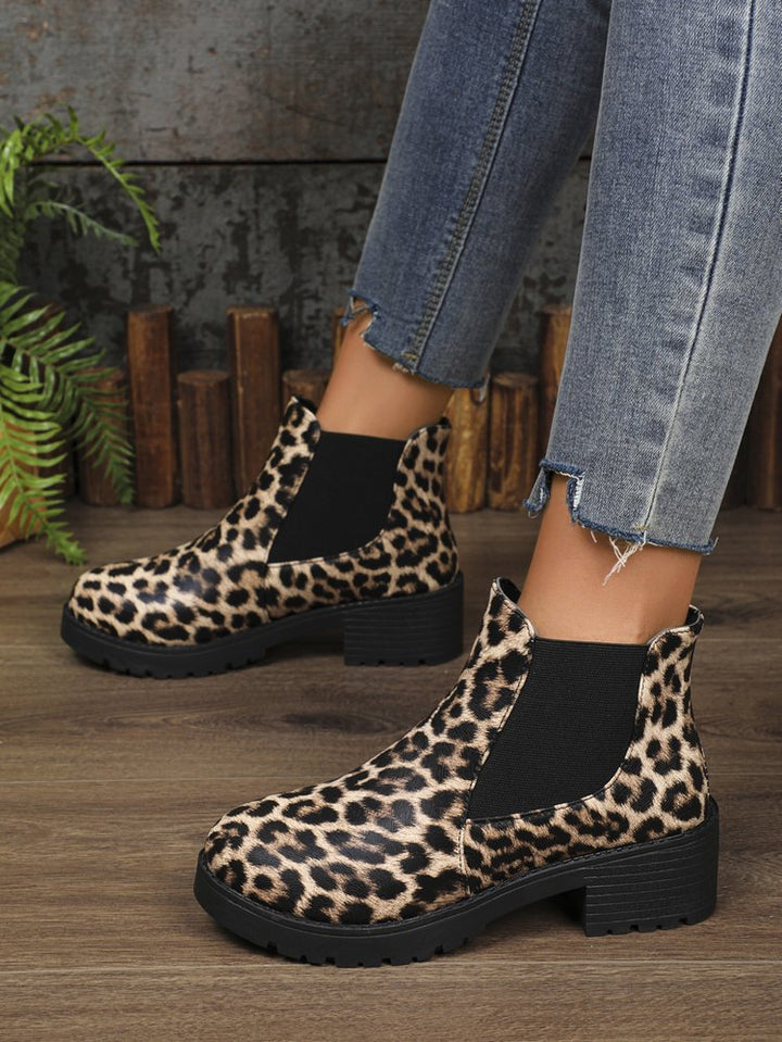 Women's Chelsea Boots with Leopard Print & Block Heel | Elastic Gusset