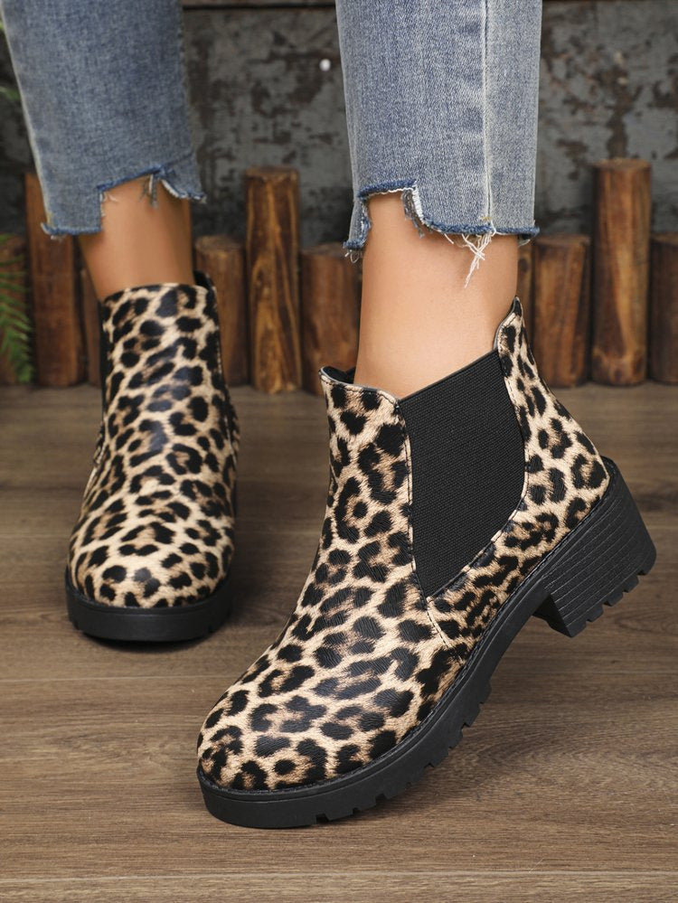 Women's Chelsea Boots with Leopard Print & Block Heel | Elastic Gusset