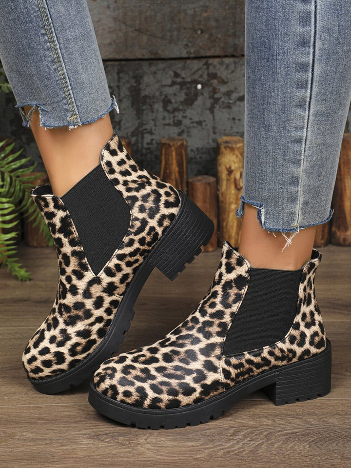 Women's Chelsea Boots with Leopard Print & Block Heel | Elastic Gusset