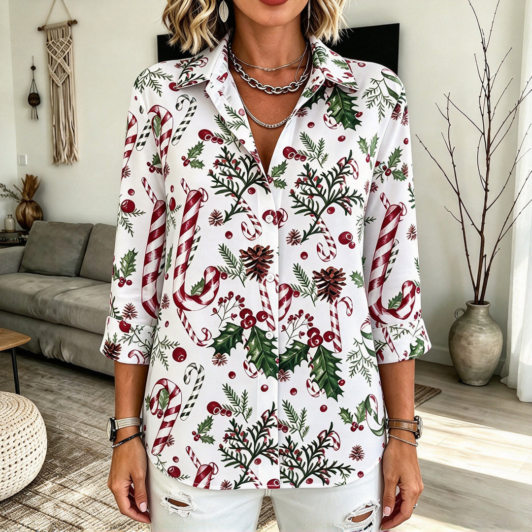 Women’s Christmas Button Up Shirt Candy Cane Print | Collared
