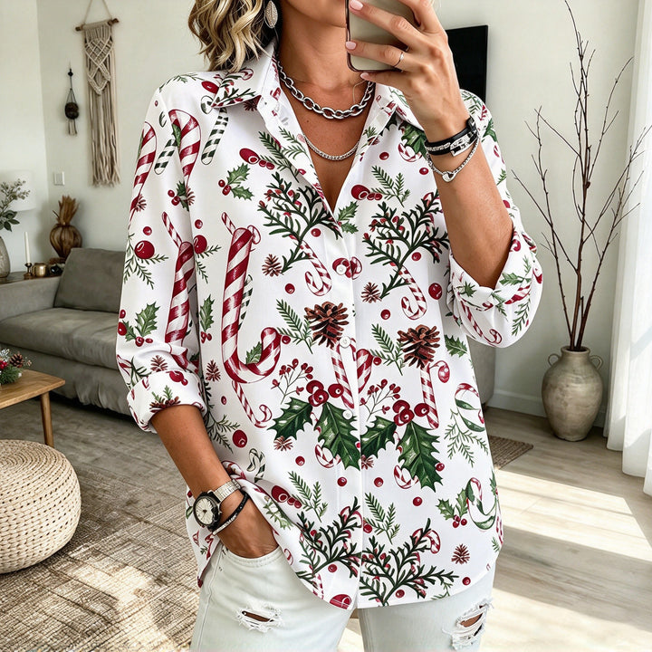Women’s Christmas Button Up Shirt Candy Cane Print | Collared