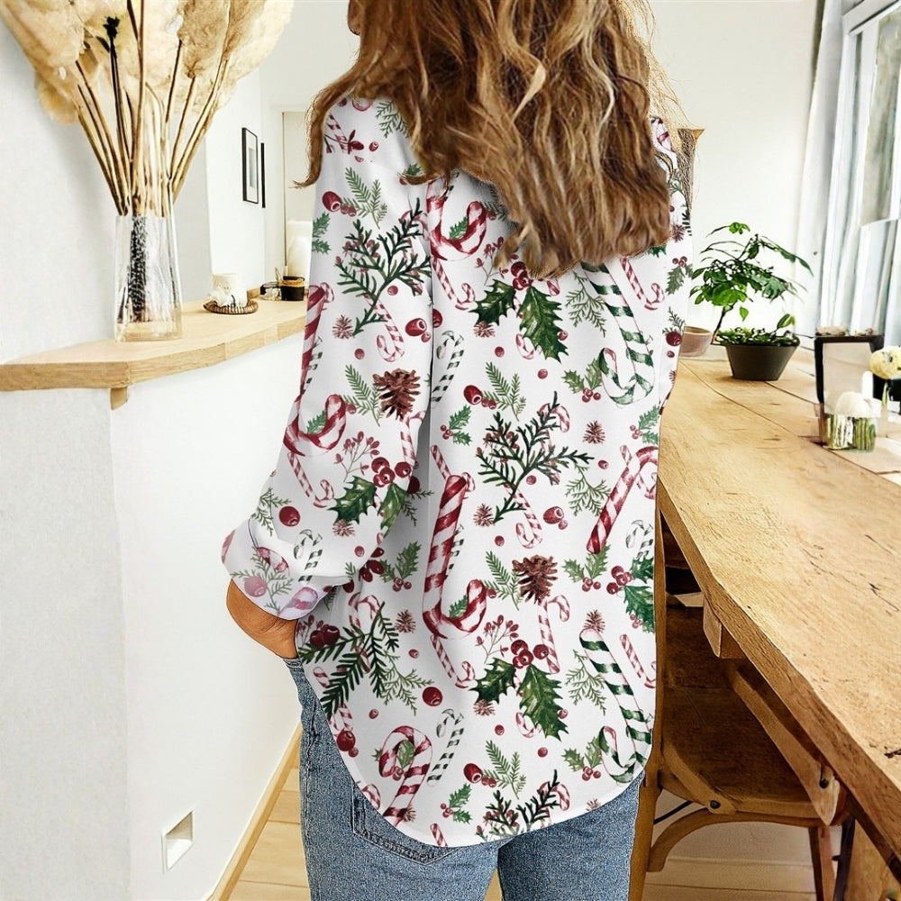 Women’s Christmas Button Up Shirt Candy Cane Print | Collared