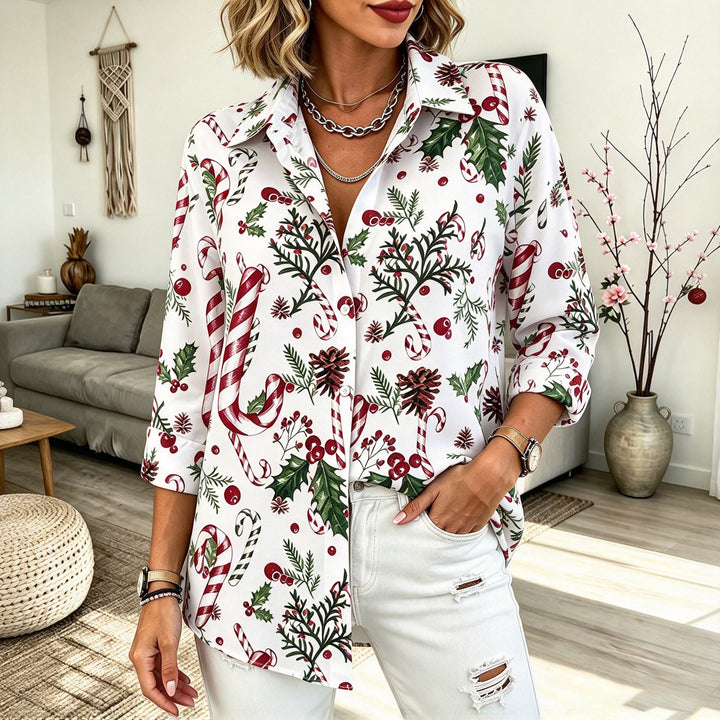 Women’s Christmas Button Up Shirt Candy Cane Print | Collared