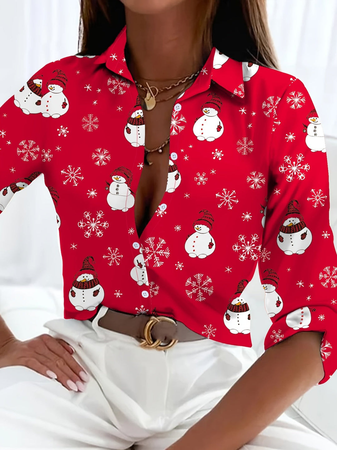 Women's Christmas Button Up Shirt with Festive Print | Collared