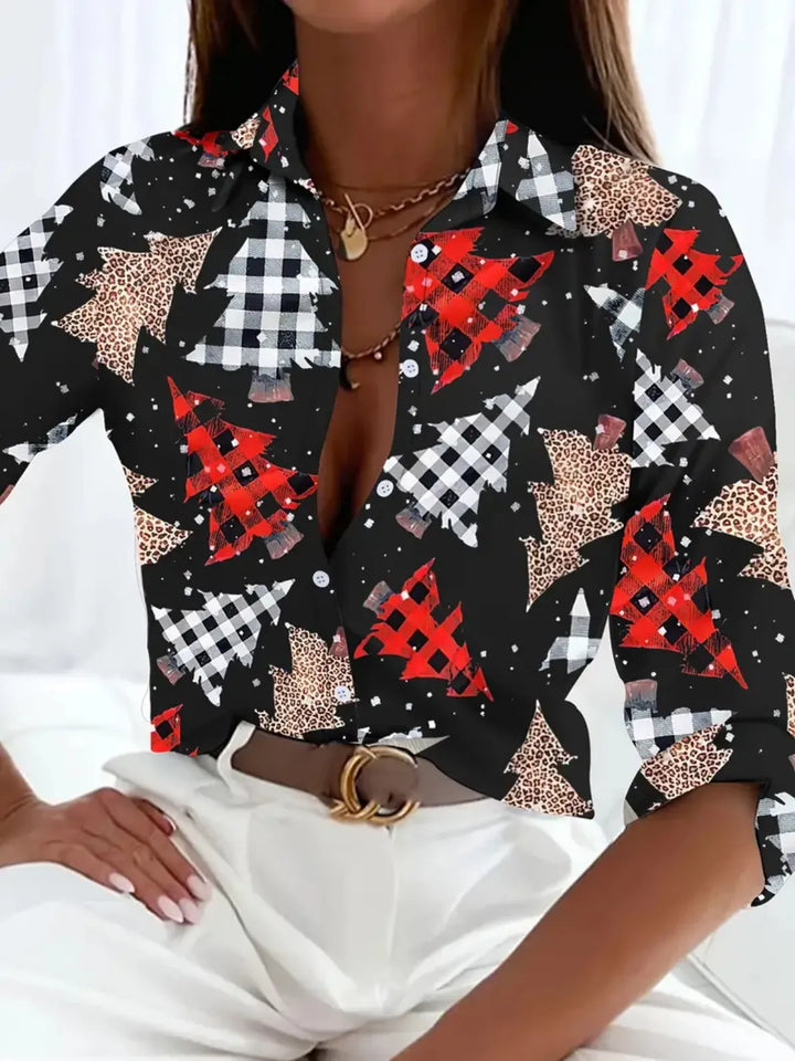 Women's Christmas Button Up Shirt with Festive Print | Collared