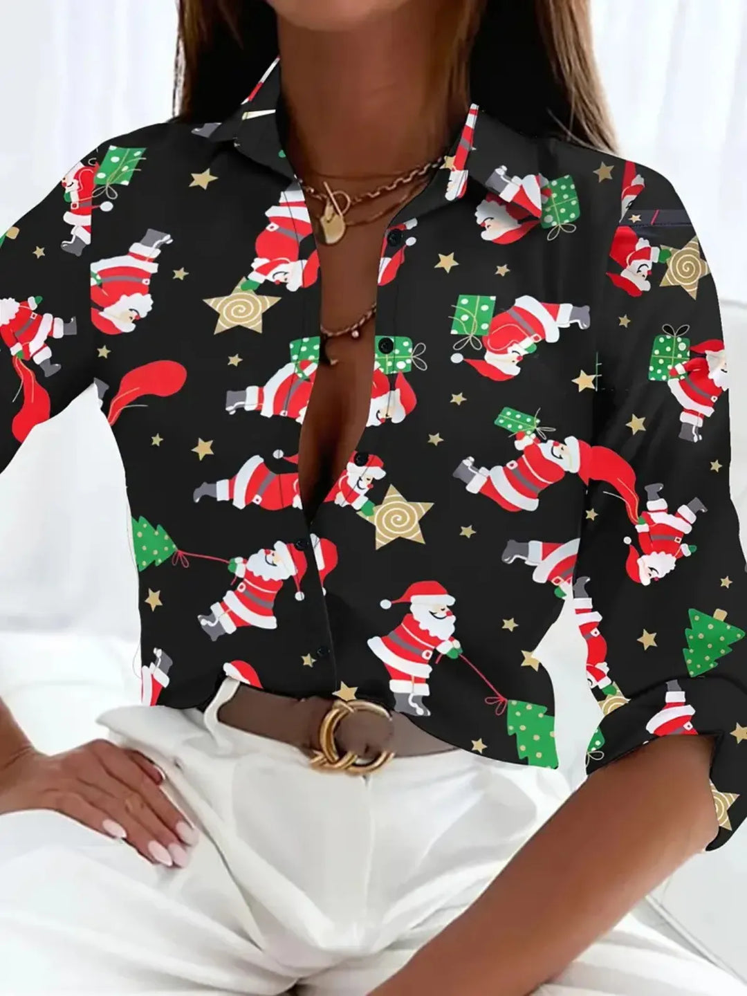 Women's Christmas Button Up Shirt with Festive Print | Collared
