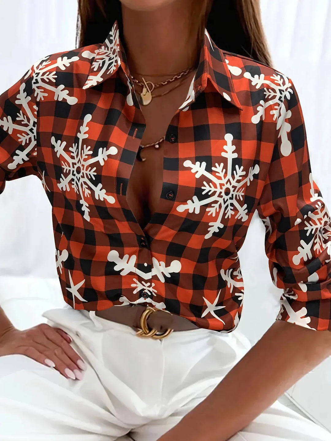 Women's Christmas Button Up Shirt with Festive Print | Collared