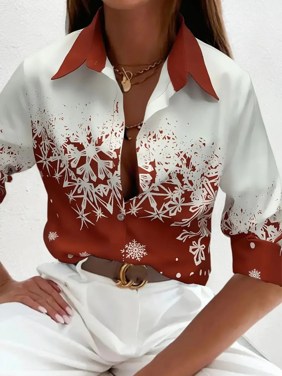 Women's Christmas Button Up Shirt with Festive Print | Collared